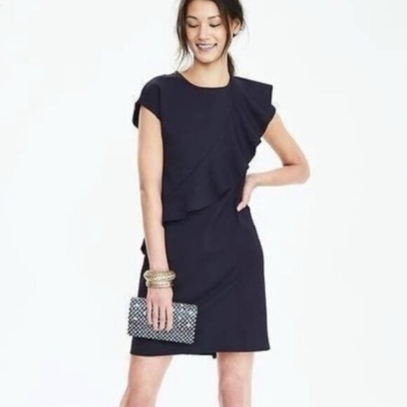 NWT BANANA REPUBLIC Crew Neck Asymmetrical Ruffle Navy Sheath Dress Lined Sz 8P - Picture 1 of 15